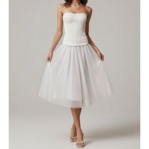 BHLDN Strapless A-Line Satin Tulle-Skirt Midi Dress, Ivory, Small